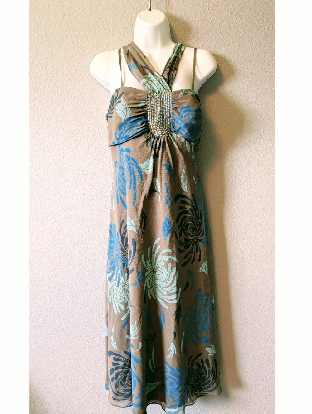 Max & Cleo Silk Brown Blue Floral Sequin  Halter Midi Dress Vtg Y2k Cocktail M/S